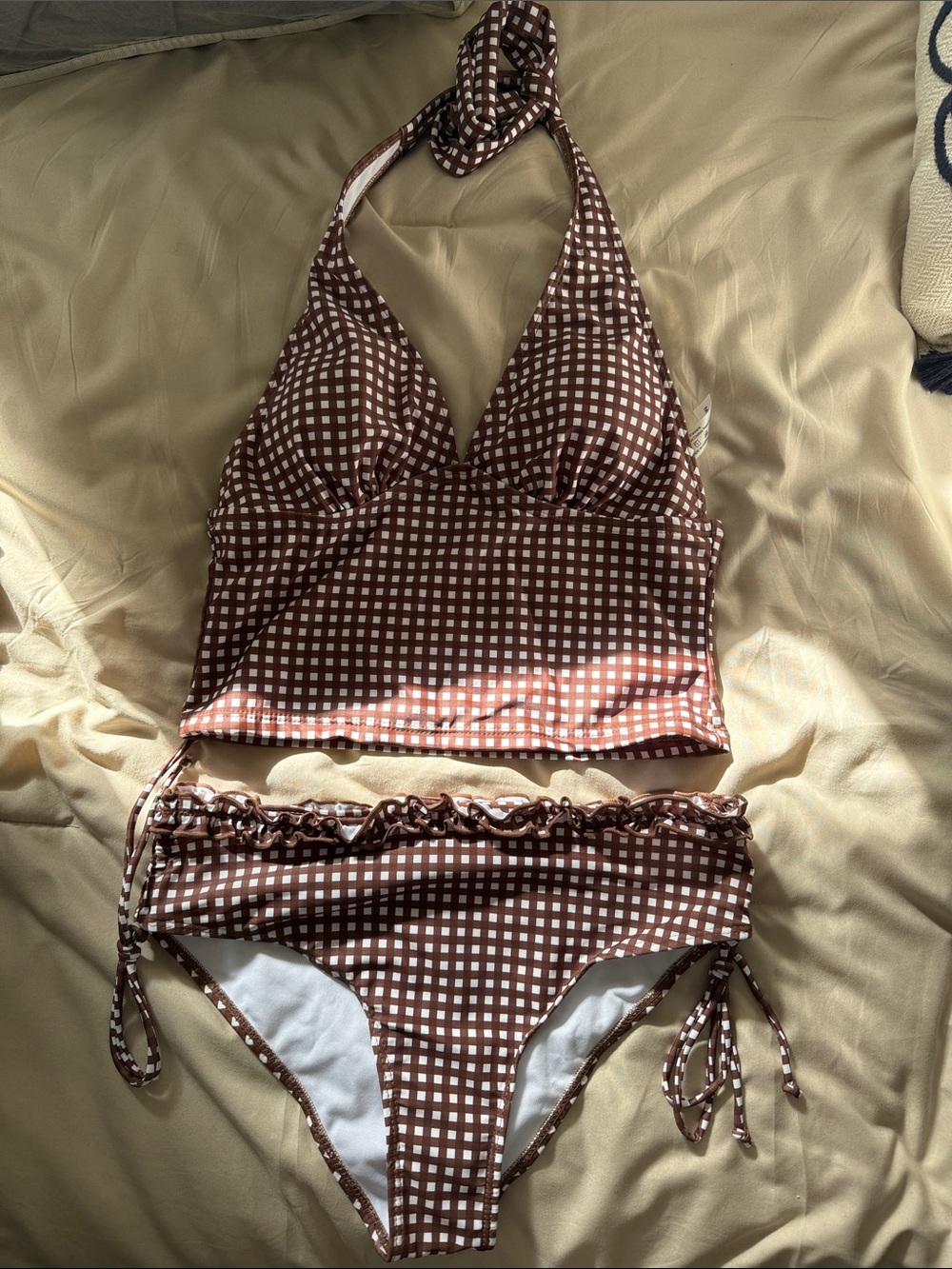 Brown & White Gingham Ruffle Bikini Set